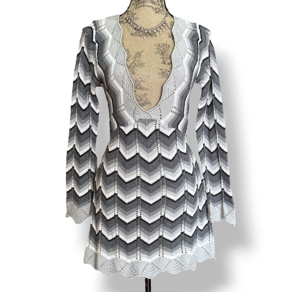 Y2K Gray & White Chevron Knit Dress Size XS